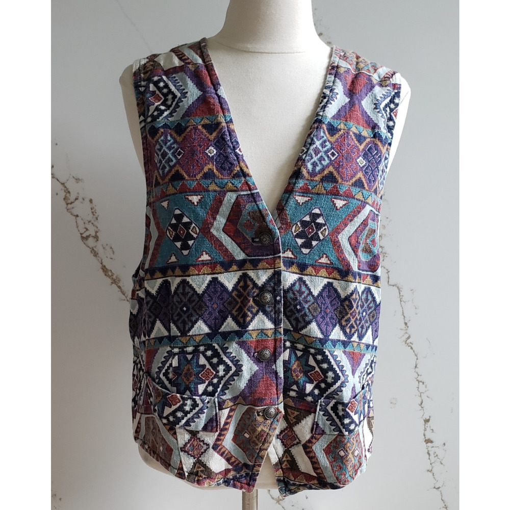 Circle T Vest Womens Large Linen Cotton Western Aztec Vintage Sleeveless Jacket